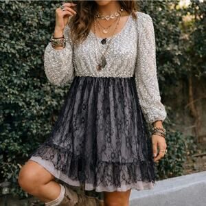 A’reve Romantic Cream Underlined Tulle Stretch Long Sleeve Fairy Dress Small
